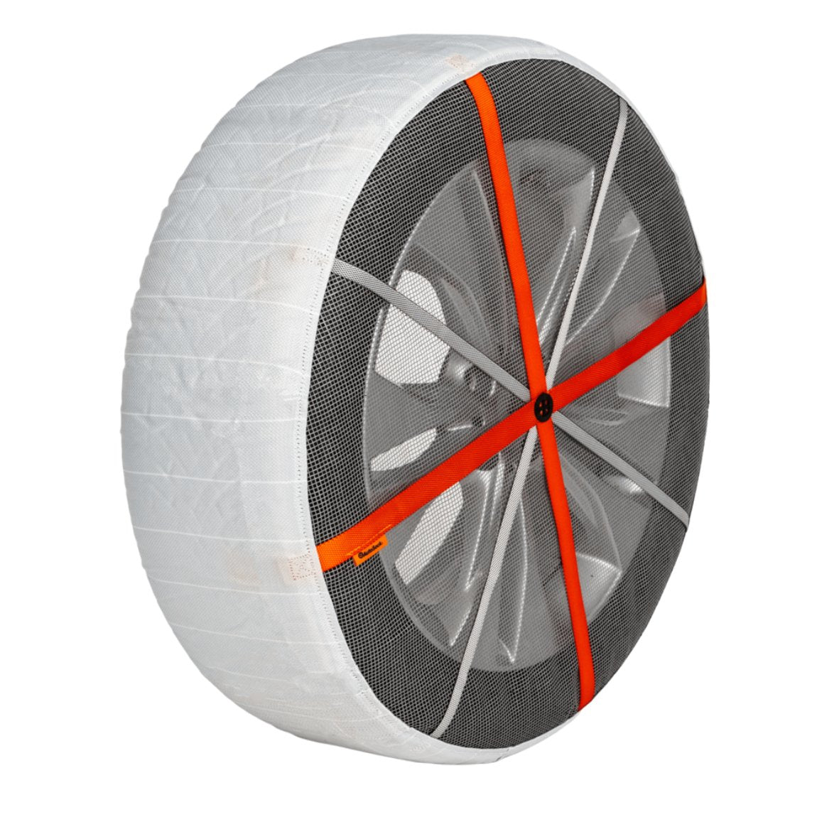 Vue latérale d'une chaussette à neige AutoSock montrant le tissu de contact avec la route, les sangles et le tissu avant