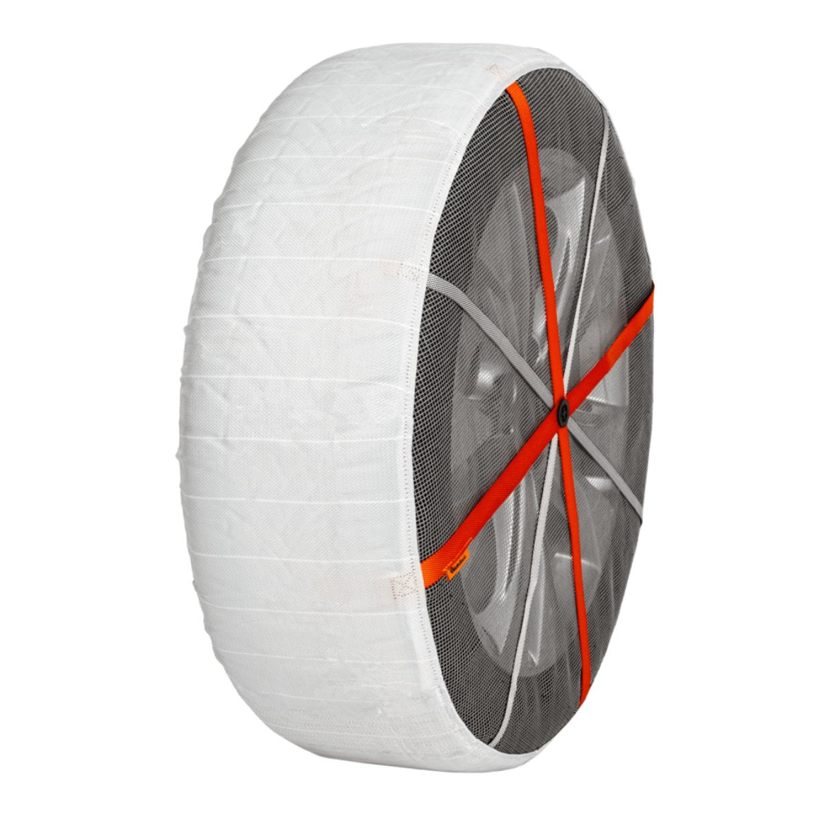 Vue latérale d'un produit de dispositif de traction textile AutoSock montrant le tissu de contact avec la route, les sangles et le tissu avant