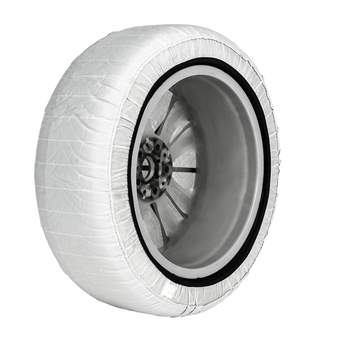 Face arrière d'un produit de chaîne à neige textile AutoSock montrant le tissu de contact avec la route, l'élastique et le tissu intérieur incl. surface intérieure de la jante