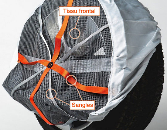 AutoSock partiellement monté sur une roue montrant le tissu avant et les sangles des composants du produit