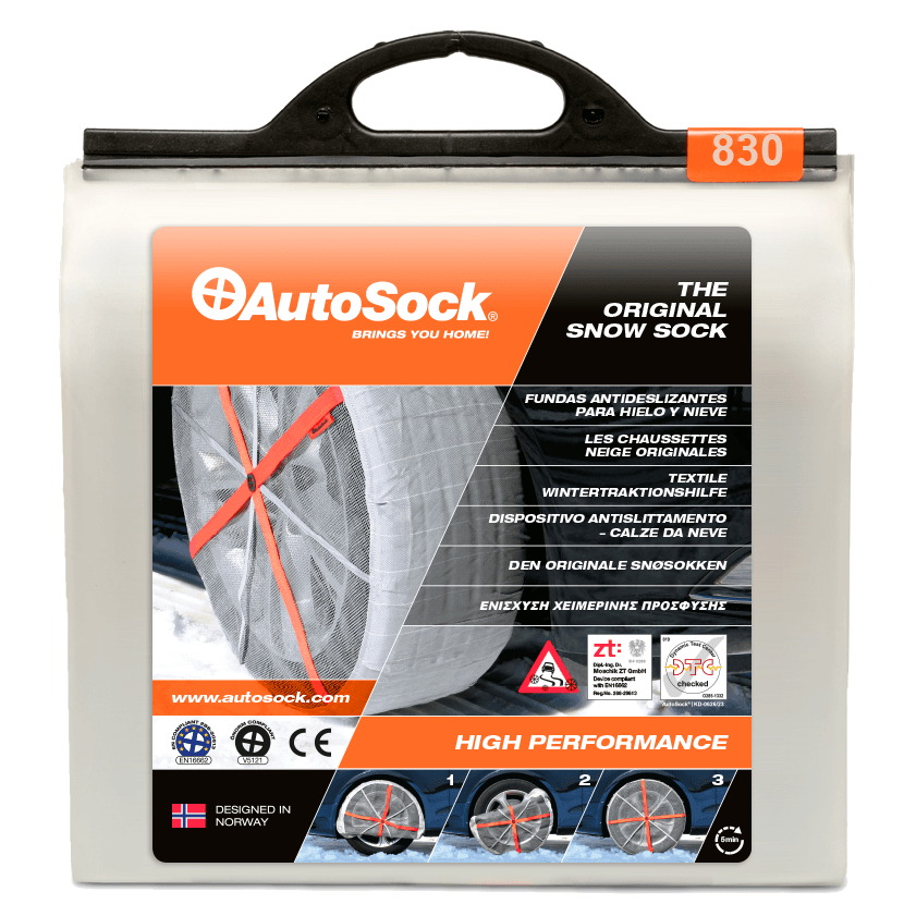 Emballage du produit AutoSock HP 830 HP830 pour voiture de tourisme et véhicules utilitaires légers (vue de face)