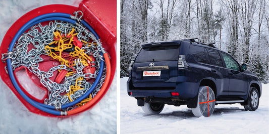 Chaînes à neige métalliques dans une grande boîte en plastique rouge sur la neige à gauche, chaînes à neige textiles montées sur les roues arrière d'un SUV Toyota à droite de l'image