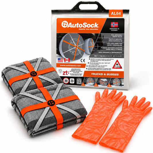 Le modèle AutoSock AL64 pour camions et bus comprend deux chaussettes à neige, une paire de gants et l’emballage du produit.