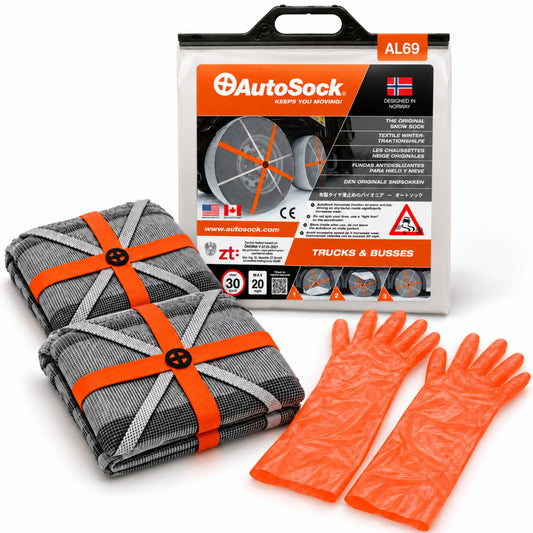 Le modèle AutoSock AL69 pour camions et bus comprend deux chaussettes à neige, une paire de gants et l’emballage du produit.
