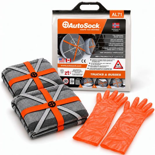 Le modèle AutoSock AL71 pour camions et bus comprend deux chaussettes à neige, une paire de gants et l’emballage du produit.