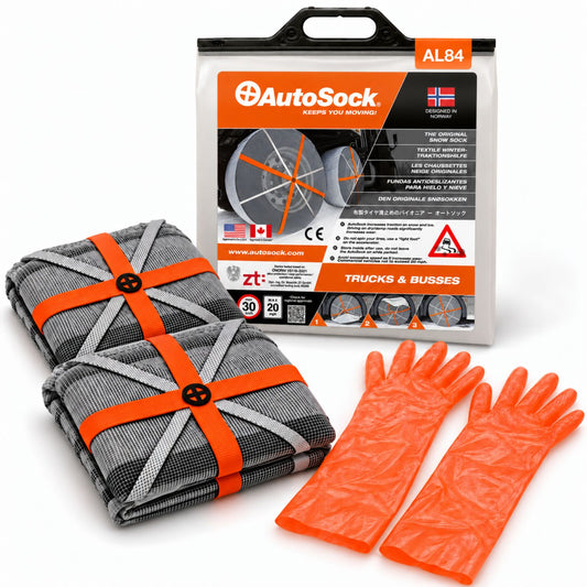 Le modèle AutoSock AL84 pour camions et bus comprend deux chaussettes à neige, une paire de gants et l’emballage du produit.