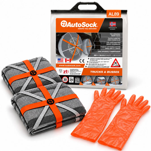 Le modèle AutoSock AL89 pour camions et bus comprend deux chaussettes à neige, une paire de gants et l’emballage du produit.