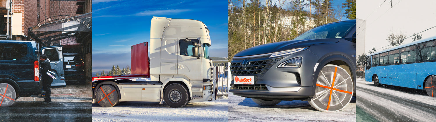 AutoSock monté sur une voiture de tourisme, un camion, une voiture et un bus (de gauche à droite) : l'alternative légale aux chaînes à neige dans le monde entier