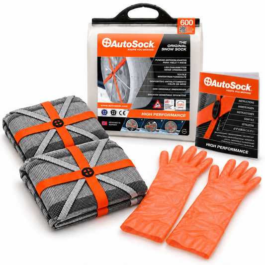 Le modèle AutoSock HP600 comprend deux chaussettes à neige, une paire de gants, un manuel d’instructions et l’emballage du produit.