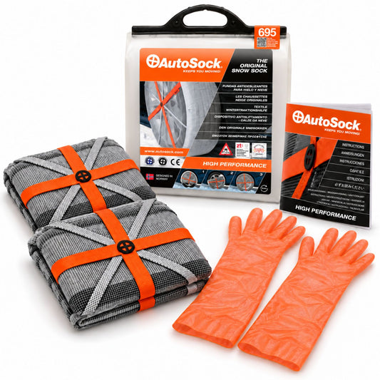 Le modèle AutoSock HP695 comprend deux chaussettes à neige, une paire de gants, un manuel d’instructions et l’emballage du produit.