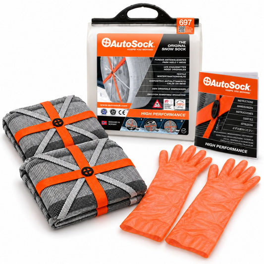 Le modèle AutoSock HP697 comprend deux chaussettes à neige, une paire de gants, un manuel d’instructions et l’emballage du produit.