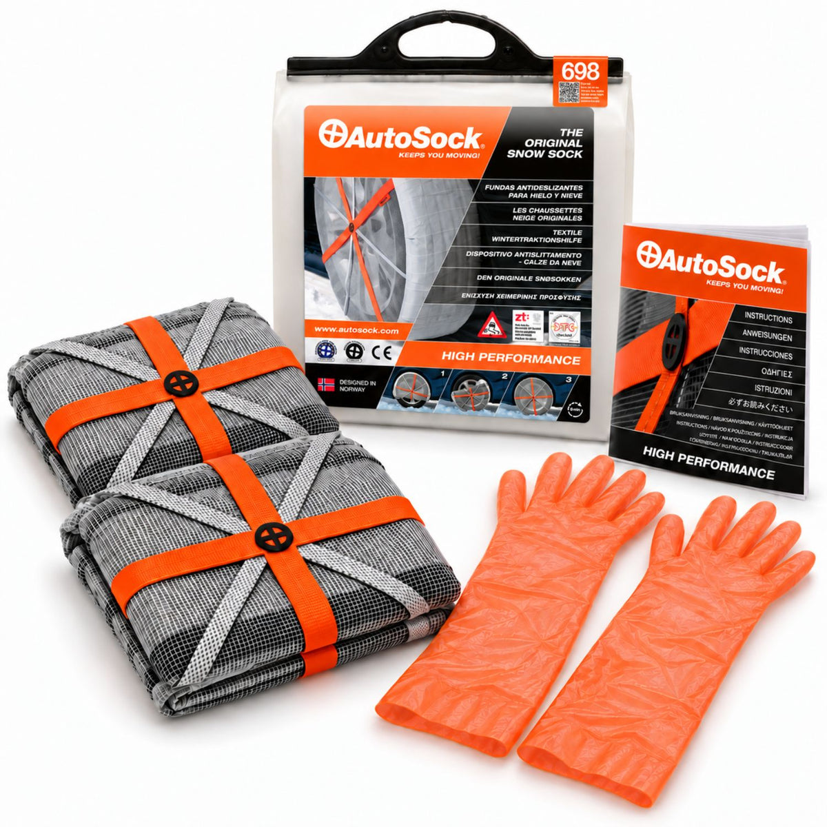 Le modèle AutoSock HP698 comprend deux chaussettes à neige, une paire de gants, un manuel d’instructions et l’emballage du produit.
