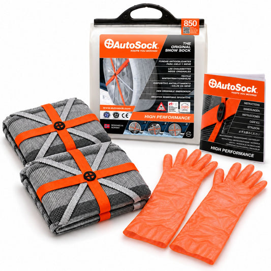 Le modèle AutoSock HP850 comprend deux chaussettes à neige, une paire de gants, un manuel d’instructions et l’emballage du produit.