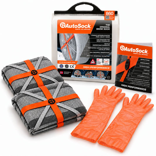 Le modèle AutoSock HP860 comprend deux chaussettes à neige, une paire de gants, un manuel d’instructions et l’emballage du produit.