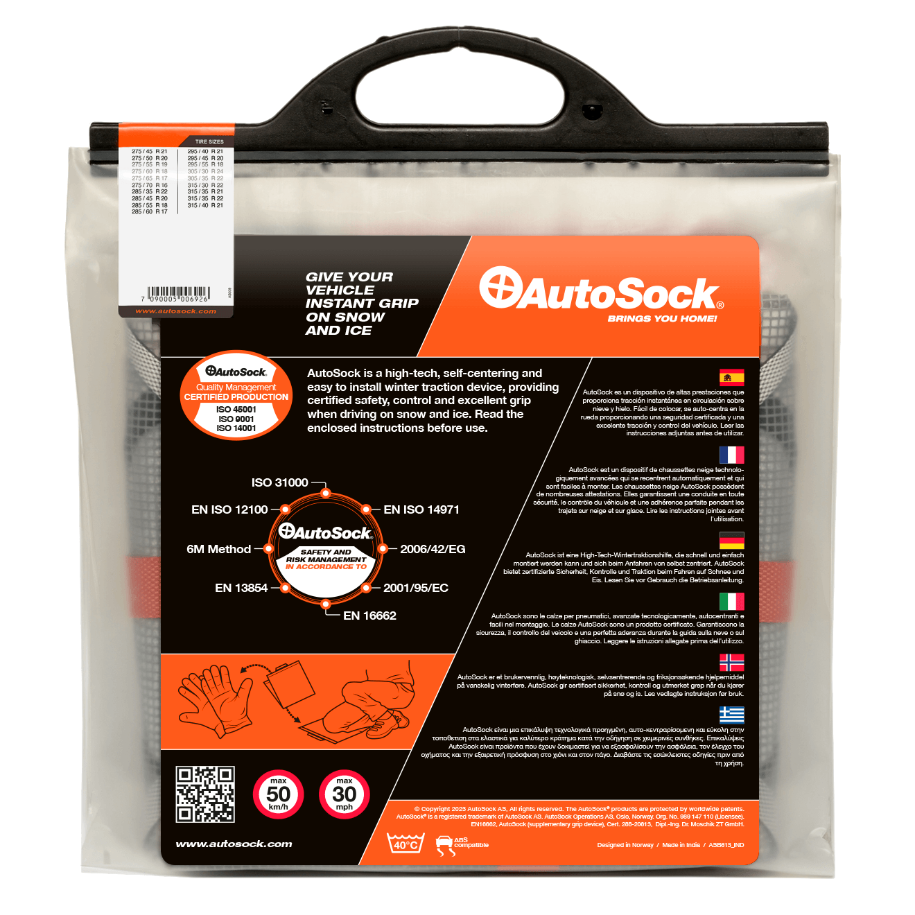 Verso de l'emballage du produit pour AutoSock HP 860 HP860 pour voitures particulières