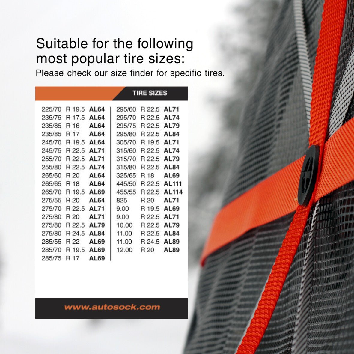 Tableau des tailles simple pour AutoSock AL64 - AL114 montrant les tailles de pneus les plus populaires.